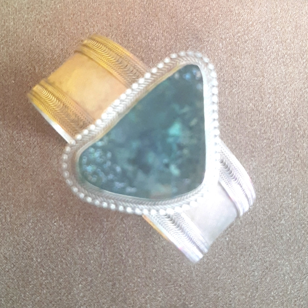 Vintage Isreal Sterling Roman Glass cuff bracelet